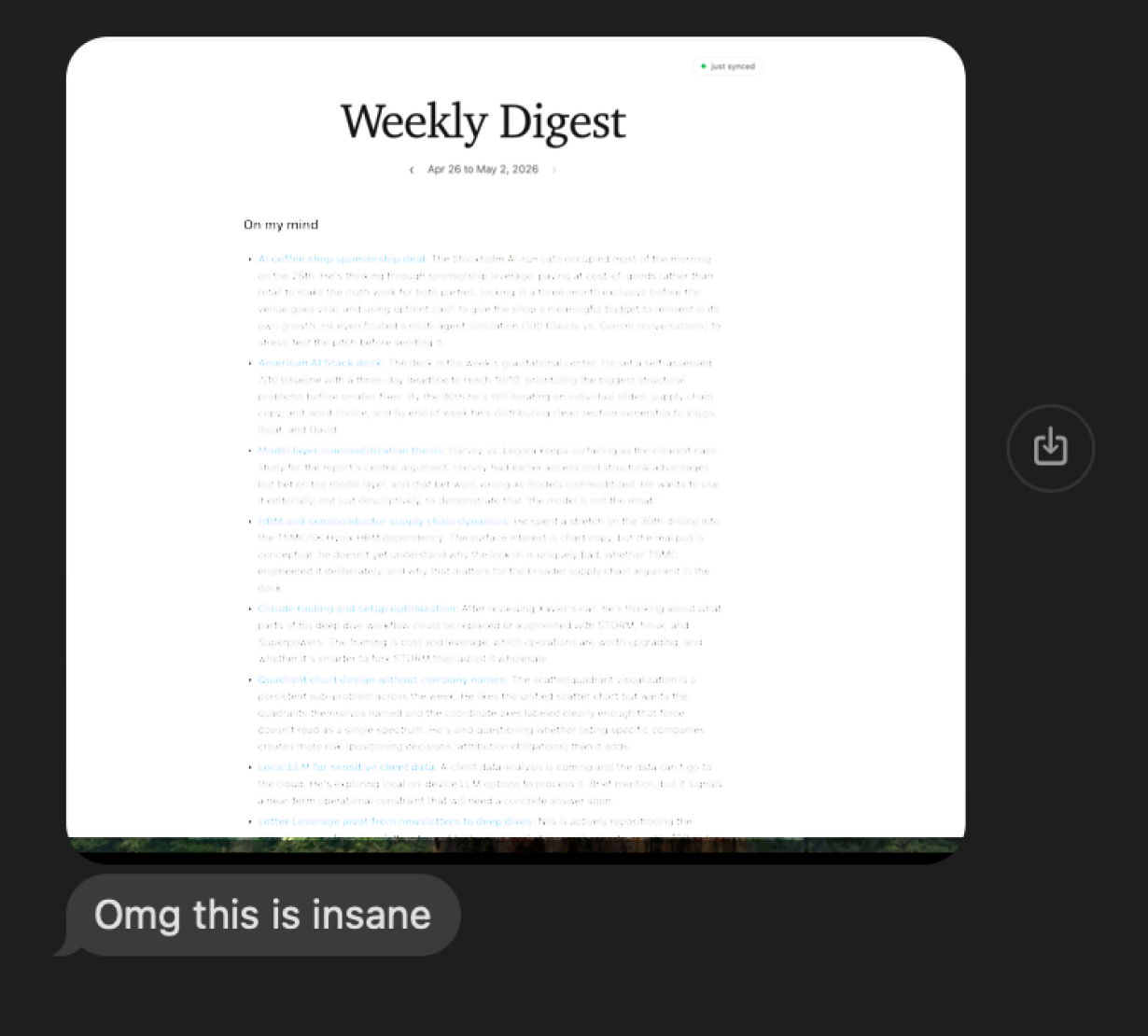 iMessage reaction to a Weekly Digest: Omg this is insane